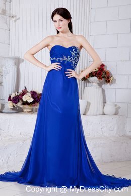 Royal Blue Chiffon Brush Train Prom Dress with Embroidery