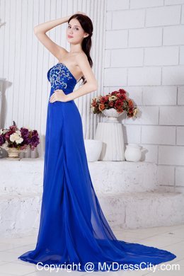 Royal Blue Chiffon Brush Train Prom Dress with Embroidery