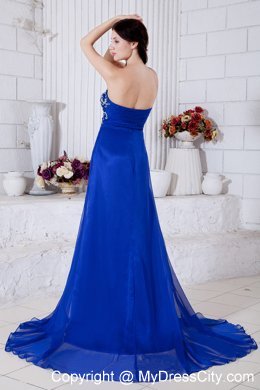 Royal Blue Chiffon Brush Train Prom Dress with Embroidery