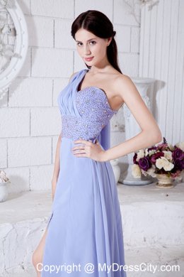 One Shoulder Lilac Chiffon Watteau Train High Slit Prom Dress