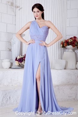 One Shoulder Lilac Chiffon Watteau Train High Slit Prom Dress