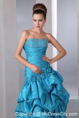 Blue Column Prom Gown with Sweetheart Taffeta Pick-ups Beaded