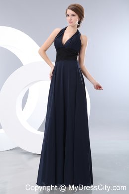 Halter Navy Blue Chiffon Empire Prom Dress with Lace Sash