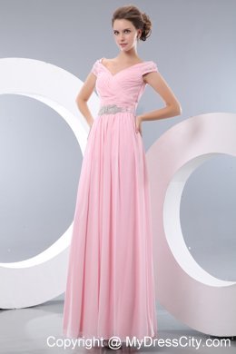 V-neck Baby Pink Cap Sleeves Prom Dress Chiffon Beaded 2013