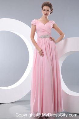 V-neck Baby Pink Cap Sleeves Prom Dress Chiffon Beaded 2013