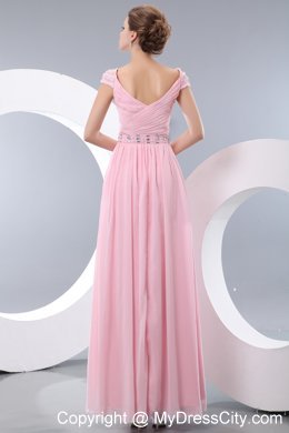 V-neck Baby Pink Cap Sleeves Prom Dress Chiffon Beaded 2013