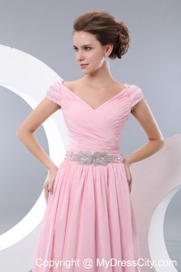 V-neck Baby Pink Cap Sleeves Prom Dress Chiffon Beaded 2013