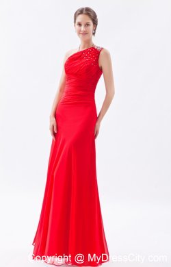 Red Column Beading Chiffon Prom Dress with One Shoulder