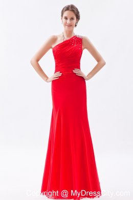 Red Column Beading Chiffon Prom Dress with One Shoulder