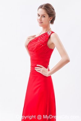 Red Column Beading Chiffon Prom Dress with One Shoulder