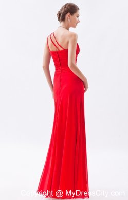 Red Column Beading Chiffon Prom Dress with One Shoulder