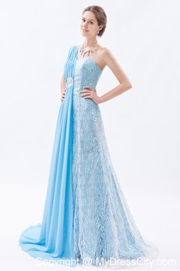 Asymmetrical Baby Blue Brush Empire Chiffon Lace Prom Dress