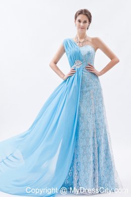 Asymmetrical Baby Blue Brush Empire Chiffon Lace Prom Dress