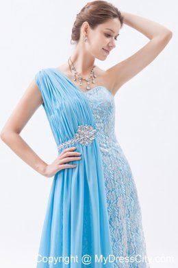 Asymmetrical Baby Blue Brush Empire Chiffon Lace Prom Dress