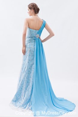 Asymmetrical Baby Blue Brush Empire Chiffon Lace Prom Dress