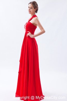 One Shoulder Chiffon Red Empire Layers Beaded Dress for prom