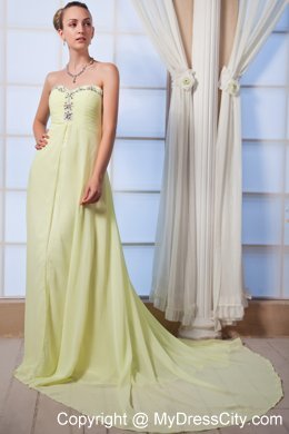 Yellow Green Sweetheart Chiffon Brush Train Prom Dress Beaded