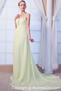 Yellow Green Sweetheart Chiffon Brush Train Prom Dress Beaded