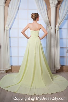 Yellow Green Sweetheart Chiffon Brush Train Prom Dress Beaded