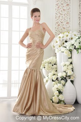 Mermaid Champagne Taffeta Beaded Prom Dress with Brush Train