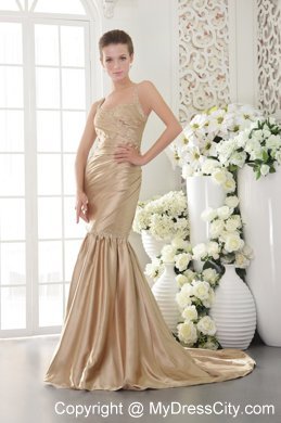 Mermaid Champagne Taffeta Beaded Prom Dress with Brush Train