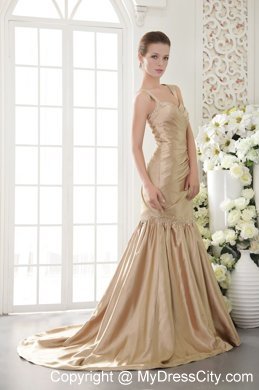 Mermaid Champagne Taffeta Beaded Prom Dress with Brush Train