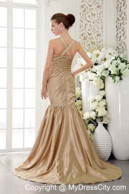 Mermaid Champagne Taffeta Beaded Prom Dress with Brush Train