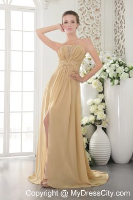 High Slit Brush Train Appliques and Ruching Gold Chiffon Prom Dresses