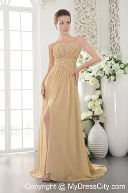 High Slit Brush Train Appliques and Ruching Gold Chiffon Prom Dresses