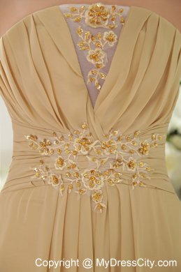 High Slit Brush Train Appliques and Ruching Gold Chiffon Prom Dresses