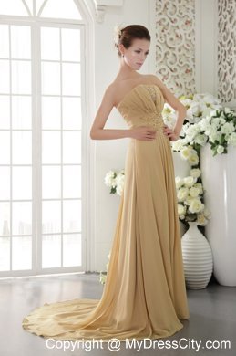 High Slit Brush Train Appliques and Ruching Gold Chiffon Prom Dresses