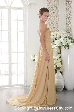 High Slit Brush Train Appliques and Ruching Gold Chiffon Prom Dresses