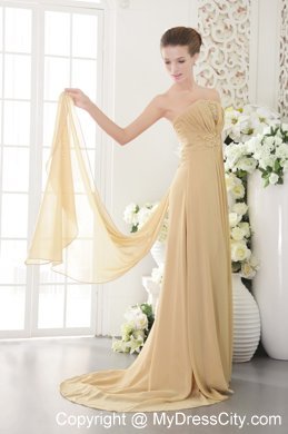 High Slit Brush Train Appliques and Ruching Gold Chiffon Prom Dresses