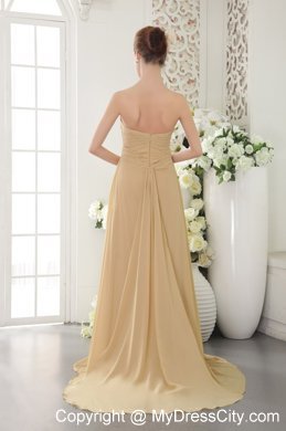 High Slit Brush Train Appliques and Ruching Gold Chiffon Prom Dresses