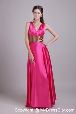 High Slit Empire V-neck Hot Pink Prom Dresses With Criss Cross Back