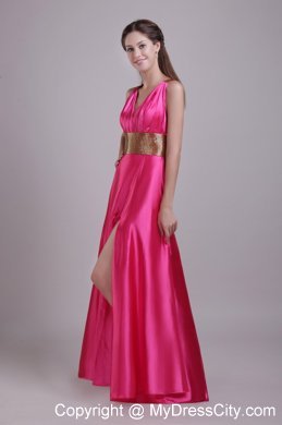 High Slit Empire V-neck Hot Pink Prom Dresses With Criss Cross Back