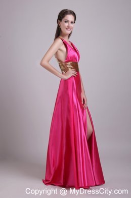 High Slit Empire V-neck Hot Pink Prom Dresses With Criss Cross Back