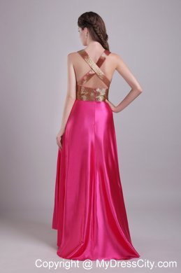 High Slit Empire V-neck Hot Pink Prom Dresses With Criss Cross Back