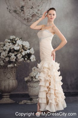 High Slit Beaded Ruffled Layers Ankle-length 2013 Champagne Prom Dress