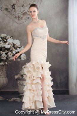 High Slit Beaded Ruffled Layers Ankle-length 2013 Champagne Prom Dress