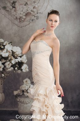 High Slit Beaded Ruffled Layers Ankle-length 2013 Champagne Prom Dress