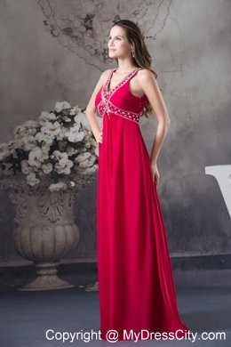 Red Empire V-neck Beaded long Criss Cross Prom Dress For Women