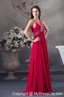 Red Empire V-neck Beaded long Criss Cross Prom Dress For Women