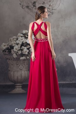 Red Empire V-neck Beaded long Criss Cross Prom Dress For Women