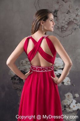 Red Empire V-neck Beaded long Criss Cross Prom Dress For Women