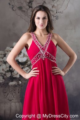 Red Empire V-neck Beaded long Criss Cross Prom Dress For Women