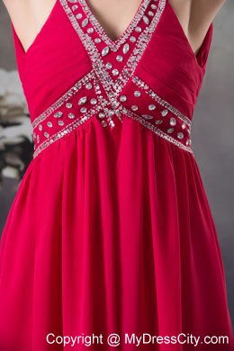 Red Empire V-neck Beaded long Criss Cross Prom Dress For Women