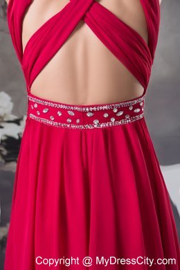 Red Empire V-neck Beaded long Criss Cross Prom Dress For Women