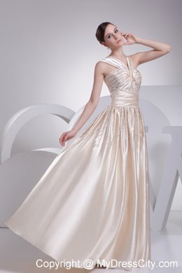 Champagne V-neck Straps Beaded Satin Empire Prom Dress