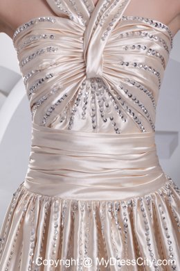 Champagne V-neck Straps Beaded Satin Empire Prom Dress